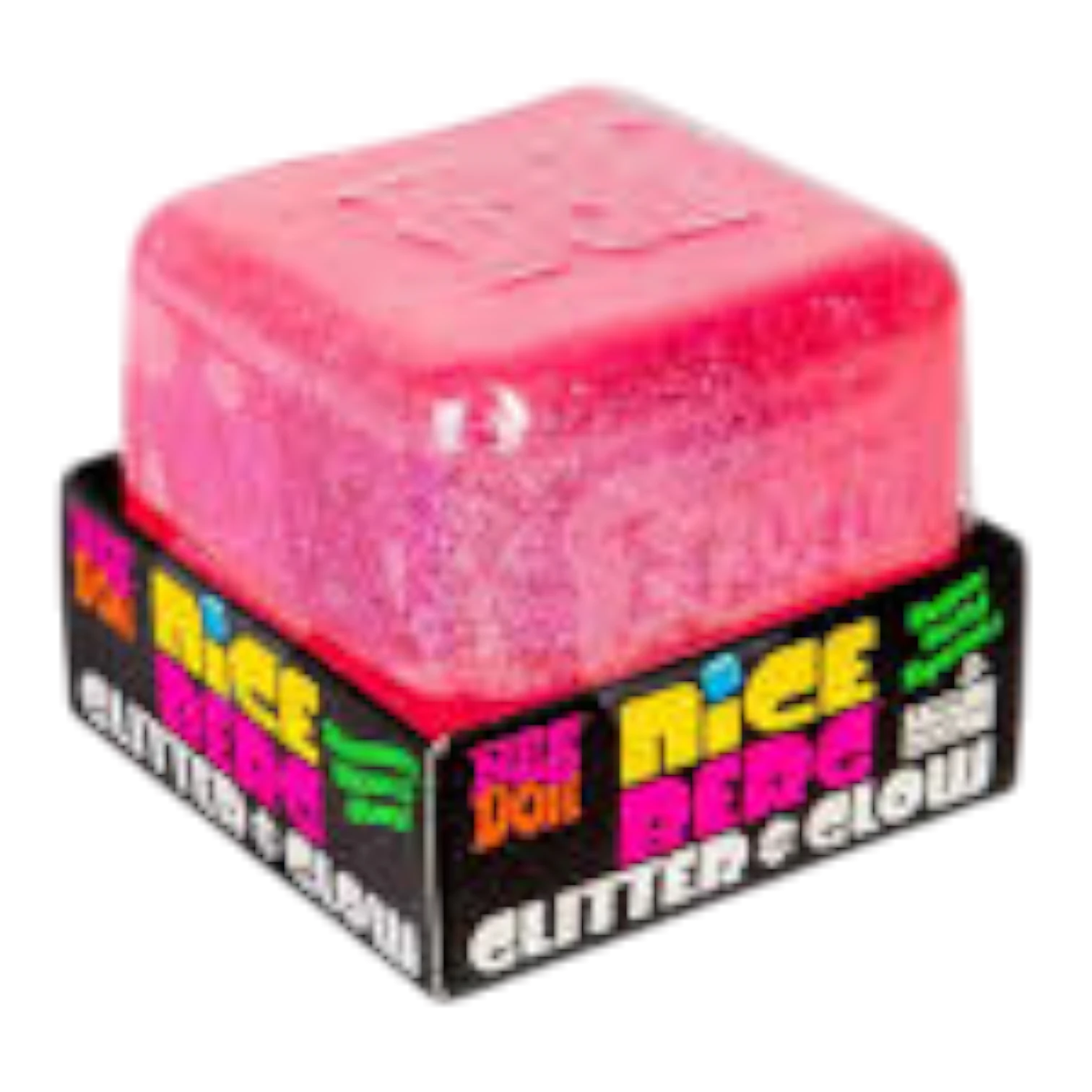 Squish Planet NeeDoh Nice Berg Glitter and Glow squishy fidget toy in bright pink with a sparkling finish.